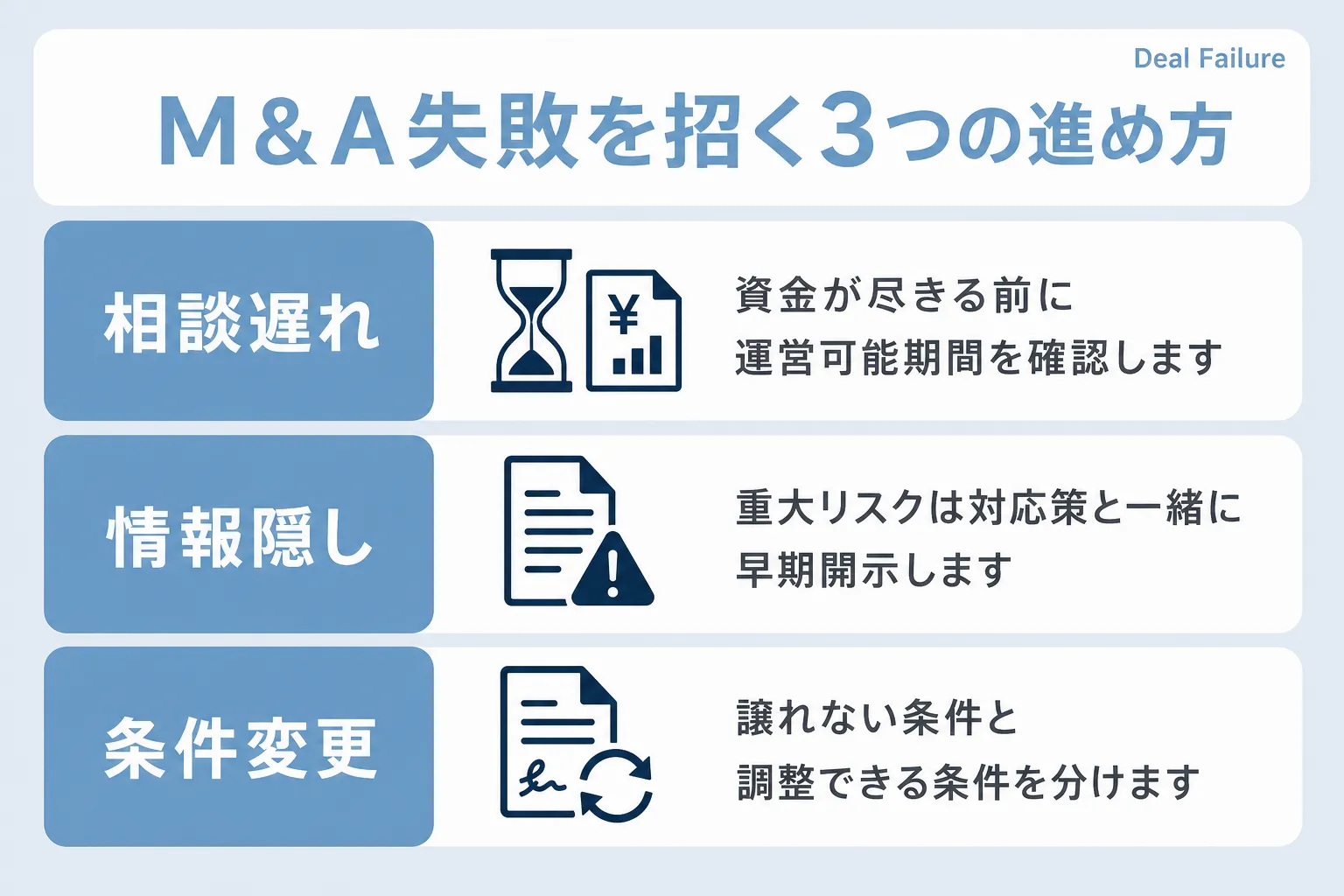M&Aの失敗を招く売却活動の進め方について、相談遅れ・情報隠し・条件変更の項目で説明